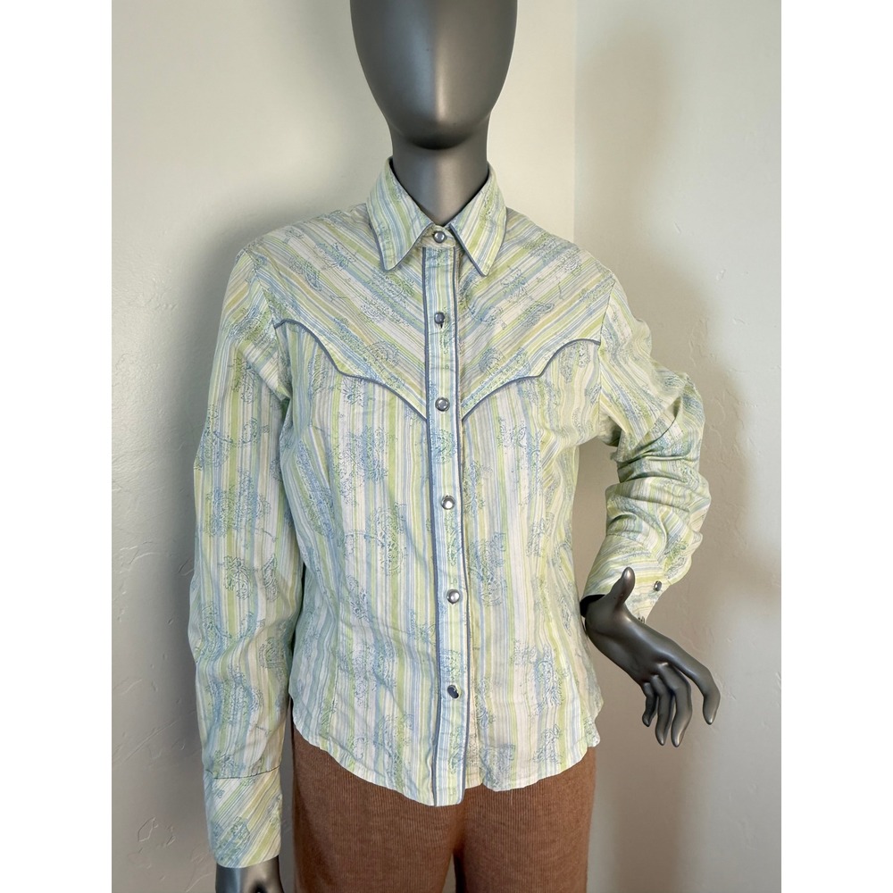 Vintage‎ Banjo Western Pearl Button Shirt Floral Stripe Pastel Green Blue USA